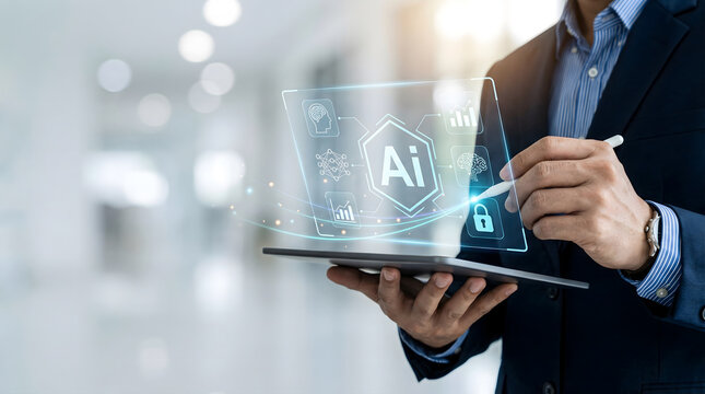 Businessman using tablet with virtual AI hologram for artificial intelligence and machine learning concept, Corporate data analytics and cybersecurity background with man interacting 