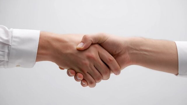 Two people engage in a firm professional handshake indoors
