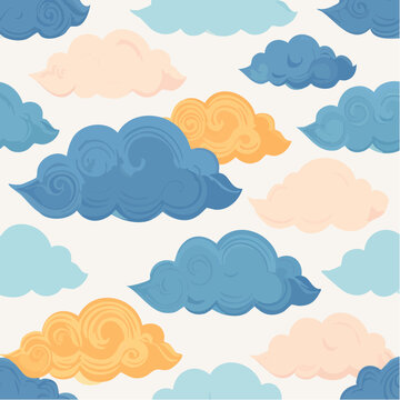 Whimsical seamless pattern of stylized clouds in pastel and deep blue hues, evoking a dreamy skyscape ideal for creative projects