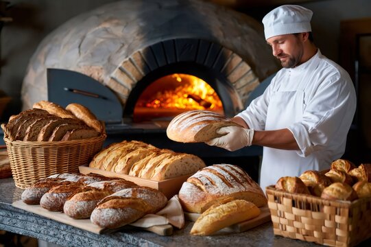 Baker holding fresh artisanal bread from wood fired oven