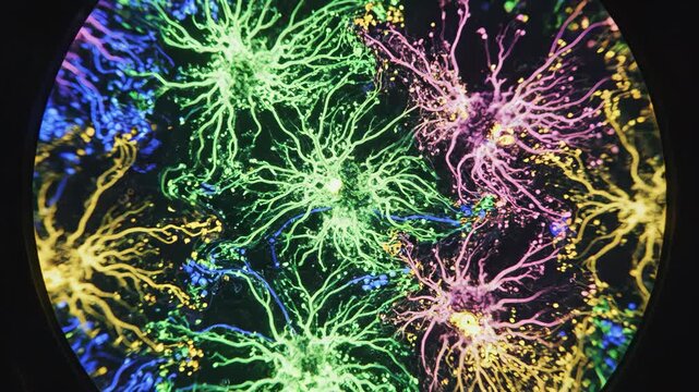 A vibrant, multicolored, neuron-like pattern resembling a tree or a network