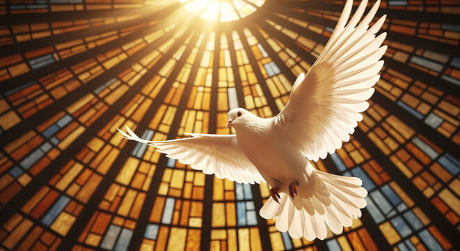 White dove flying towards sunbeam through colorful stained glass window in church dome