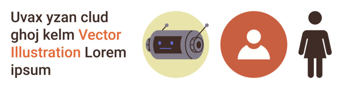 Technology, identity, human-computer interaction, gender , user profile, communication. Minimal robot face, male and female icons on colorful backgrounds. Technology and identity concept