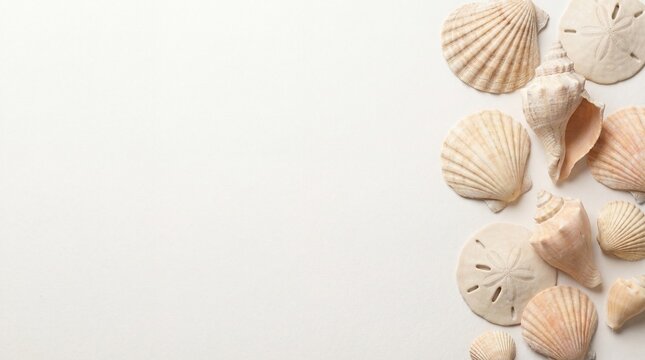 Assorted seashells and sand dollars arranged on a white background.