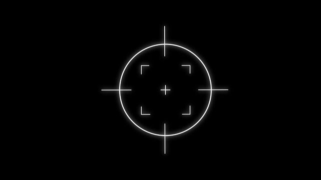 Digital target crosshair overlay with glowing white lines on black background for military simulation gaming interface and precision aiming