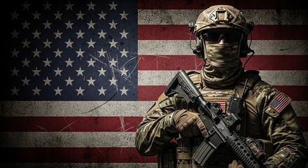 Obraz premium A U.S. soldier in tactical gear stands in front of a distressed American flag, holding a rifle.