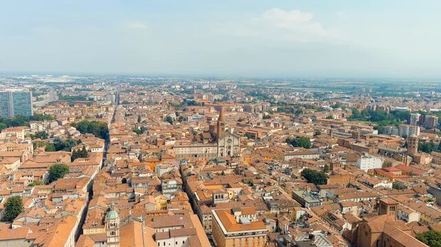Piacenza, Italy. Cathedral of Piacenza. Episcopal Palace. Historical city center. Summer day. Drone footage, Point of interest