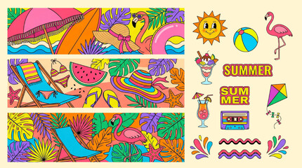 Obraz premium Bold Colorful Summer Vibes Maximalist Flat Illustration Banner Set. Tropical Beach Elements Flamingo Surfboard Sunhat Collection. Vector for Social Media, Poster