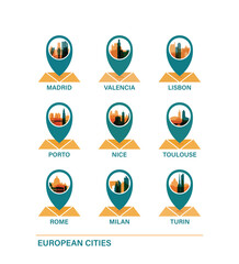 Fototapeta premium European city travel destinations: vector pin icons collection for Madrid, Valencia, Lisbon, Porto, Nice, Toulouse, Rome, Milan and Turin. Europe travel clip art pack
