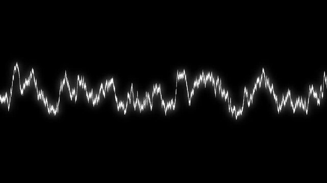 Glowing white audio waveform visualization on black background representing sound frequency pulse digital signal processing technology concept