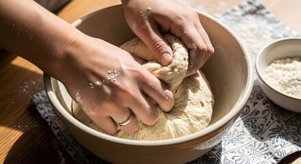 Fototapeta premium Hands kneading dough in a bowl preparing food for cooking concept