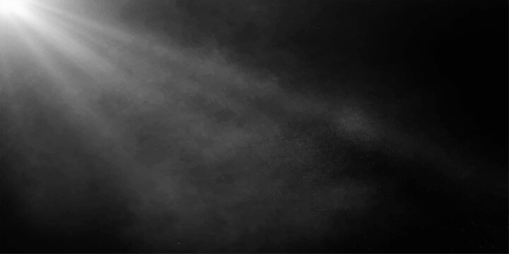 A dark grunge black and white paper texture backdrop with misty smoke and stormy clouds over a gray stone wall in the night