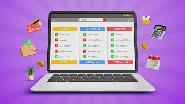 Subscription Plans, Recurring Billing, Digital Payments, SaaS Concept. Exclusive Access, Buy Streaming access or Membership Concept. Online Subscription Plans Dashboard on Laptop. 4K 3D Video