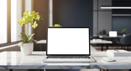Fototapeta premium Modern Office Workspace with Laptop and Plants.