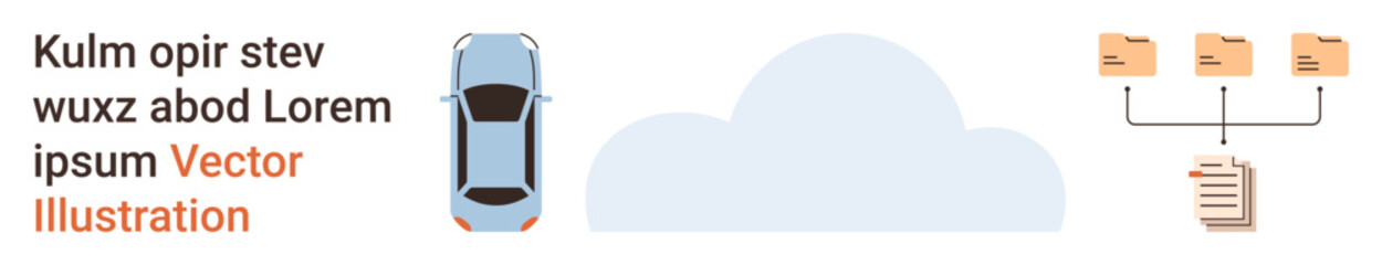 Cloud computing, file sharing, data management, information flow, digital services, technology storage. Cloud icon linked to folders and data, with a car nearby. Cloud computing and file-sharing © robu_s