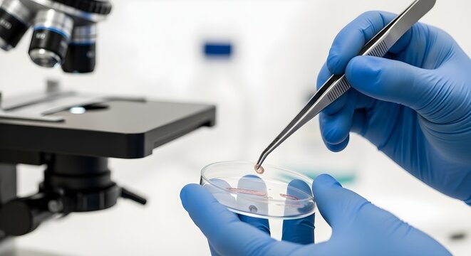 Scientist in blue gloves using a tweezer in laboratory near microscope
