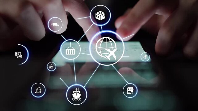 Global shipping icons show transport, loFunnelics, and cargo delivery. Global shipping connects supply chain, global shipping management, and worldwide goods distribution. Funnel