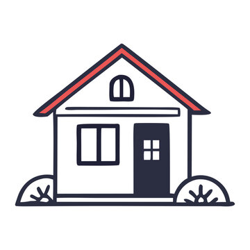 Simple hand-drawn house with windows and door, flat design vector illustration
