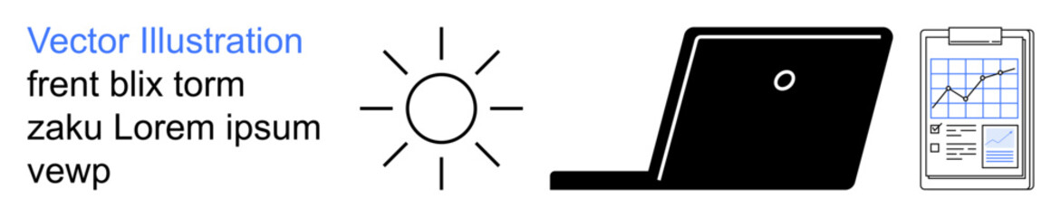 Business solutions, productivity, report analysis, digital tools, technology concepts, creativity . Black outline of a laptop, a stylized sun icon and a clipboard with a chart. Business solutions © robu_s
