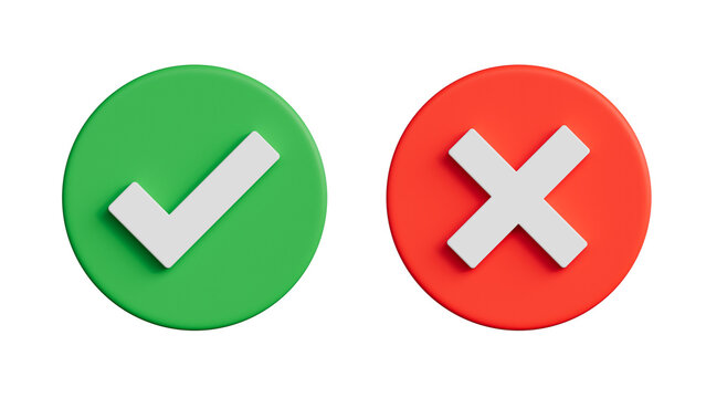 3D check mark and cross icons on black background, green tick and red x buttons, yes or no choice, right and wrong symbols for UI UX design.