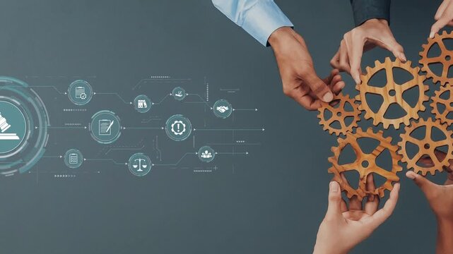 This image showcases hands working together to connect gears, symbolizing the interplay between law and technology, emphasizing collaboration and justice. Raster