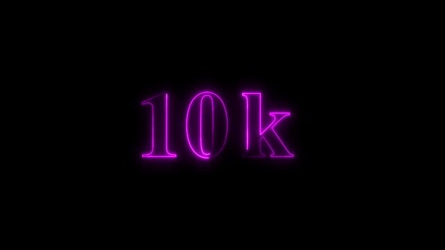 10k milestone celebration glowing purple neon sign text animation on black background for social media growth and digital marketing success metrics