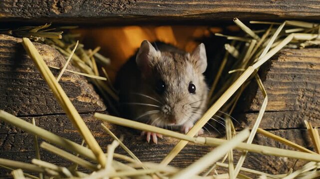 Little brown mouse peeking from wooden hole in rustic barn
