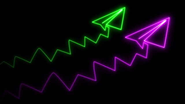 Neon paper airplane growth chart rising financial graph success concept glowing green and purple lines moving upward on black background business