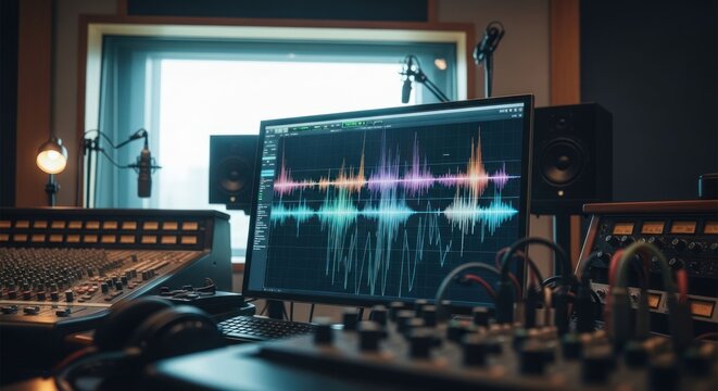 Professional audio workstation with digital sound waves on screen.