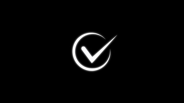 Animated glowing white checkmark inside a circular frame on a solid black background user interface motion and digital confirmation feedback