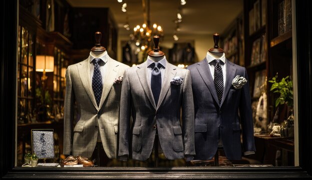 Elegant mannequins display tailored suits and accessories in a storefront
