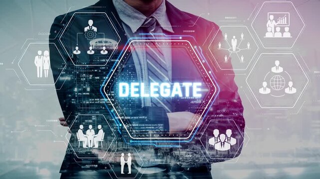 Business Professional Overseeing Delegation with Modern Digital Interface and Icons Representing Management, Communication, and Teamwork Concepts Sigmoid