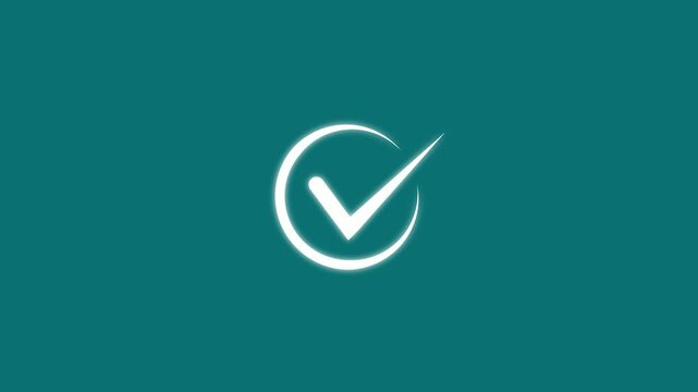 Animated glowing check mark inside a circle on a solid teal background representing success completion verification and positive confirmation for