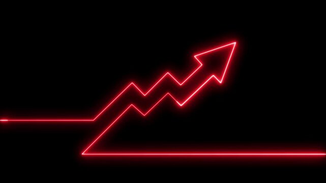 Glowing red neon financial growth arrow chart rising on black background representing business success market profit increase economic recovery