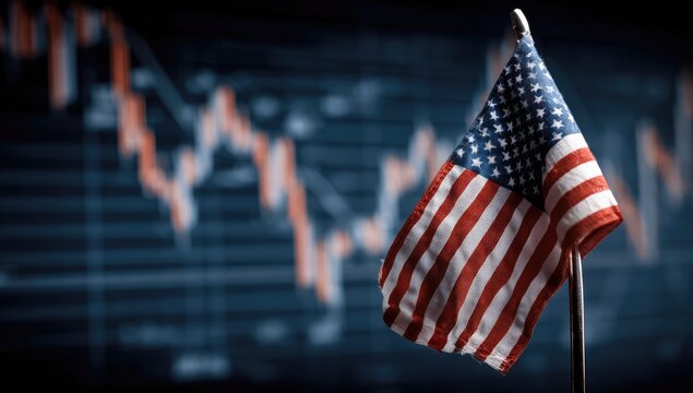 An American flag stands prominently against a backdrop of a declining stock market graph, symbolizing economic uncertainty and potential financial challenges.