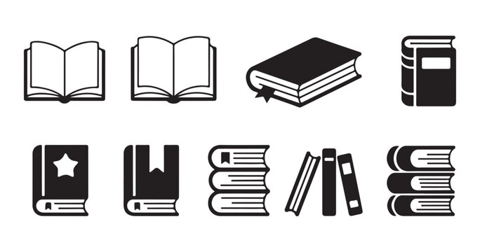 Set of reading book and library icons featuring open textbooks and stacked literature volumes design.