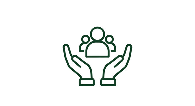 Minimalist vector graphic design showing open hands protecting a group of stylized human community user icons