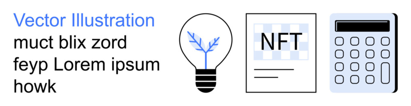 Digital economy, investments, blockchain, creative innovation, technology, crypto finance. Light bulb with leaf, NFT document and calculator visuals. Blockchain and digital economy concepts