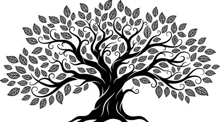 Obraz premium Ornamental Tree of Life Vector – Intricate Black Silhouette with Swirling Branches and Leaf Patterns for Spiritual, Genealogical, and Nature-Themed Design