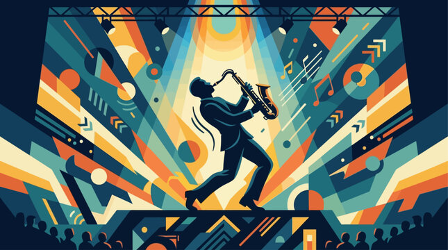 A dynamic flat design illustration captures a jazz saxophonist in full swing on stage, embodying the spirit of live music performance. 