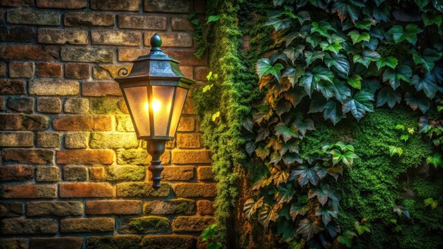 A moody midnight street light casts a solitary glow on a worn brick wall covered in moss and ivy