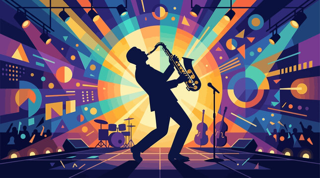 A dynamic flat design illustration captures a jazz saxophonist in full swing on stage, embodying the spirit of live music performance. 