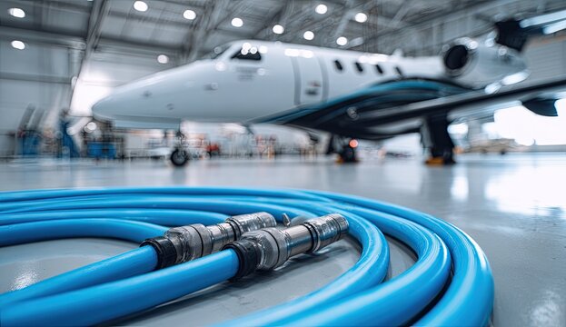 A blue cable coils in the foreground of a spacious aircraft hangar, with a private jet blurred in the background, suggesting maintenance or preparation.