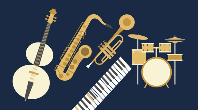 A sophisticated flat design collage showcasing a collection of essential jazz instruments, rendered with clean lines and a limited color palette. 