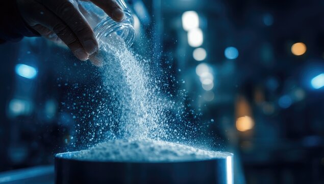 A close-up shot depicts a hand pouring a fine white powder into a metallic container against a blurred, dark background, creating a sense of mystery and scientific precision.