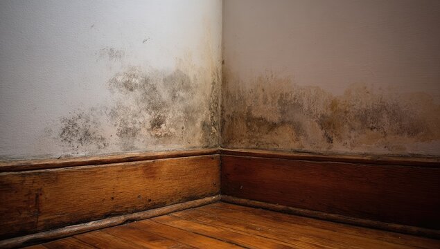 Black and yellow mold growth on a corner wall above wooden baseboards