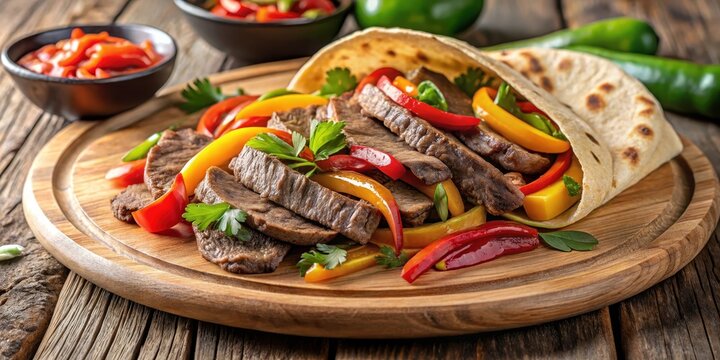 Sizzling beef strips and vegetables splayed on a wooden board next to a tortilla , vegetables