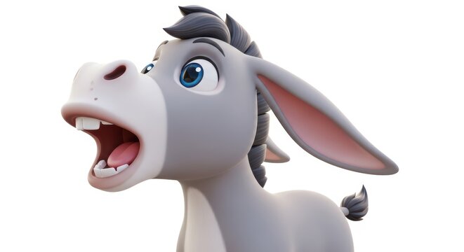 Cute 3D cartoon donkey character, happy gray mule with open mouth and big blue eyes, friendly farm animal mascot isolated on white background