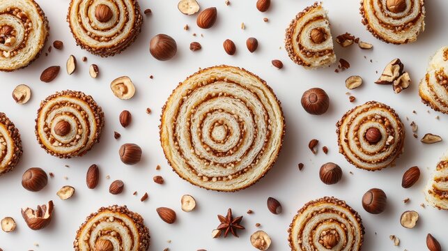Hazelnut roll scatter cross-sections whole pastries explosive pattern white background dramatic studio lighting sliced pieces spiral pattern nut distribution