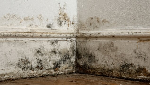 Black and grey mold growing in the corner of a room near the baseboard